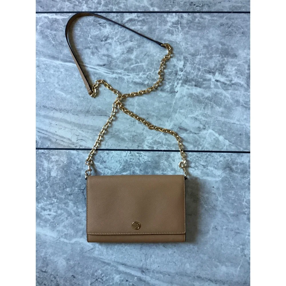Tory Burch Robinson Chain Wallet Crossbody Bag Tan Saffiano Leather Gold Ware